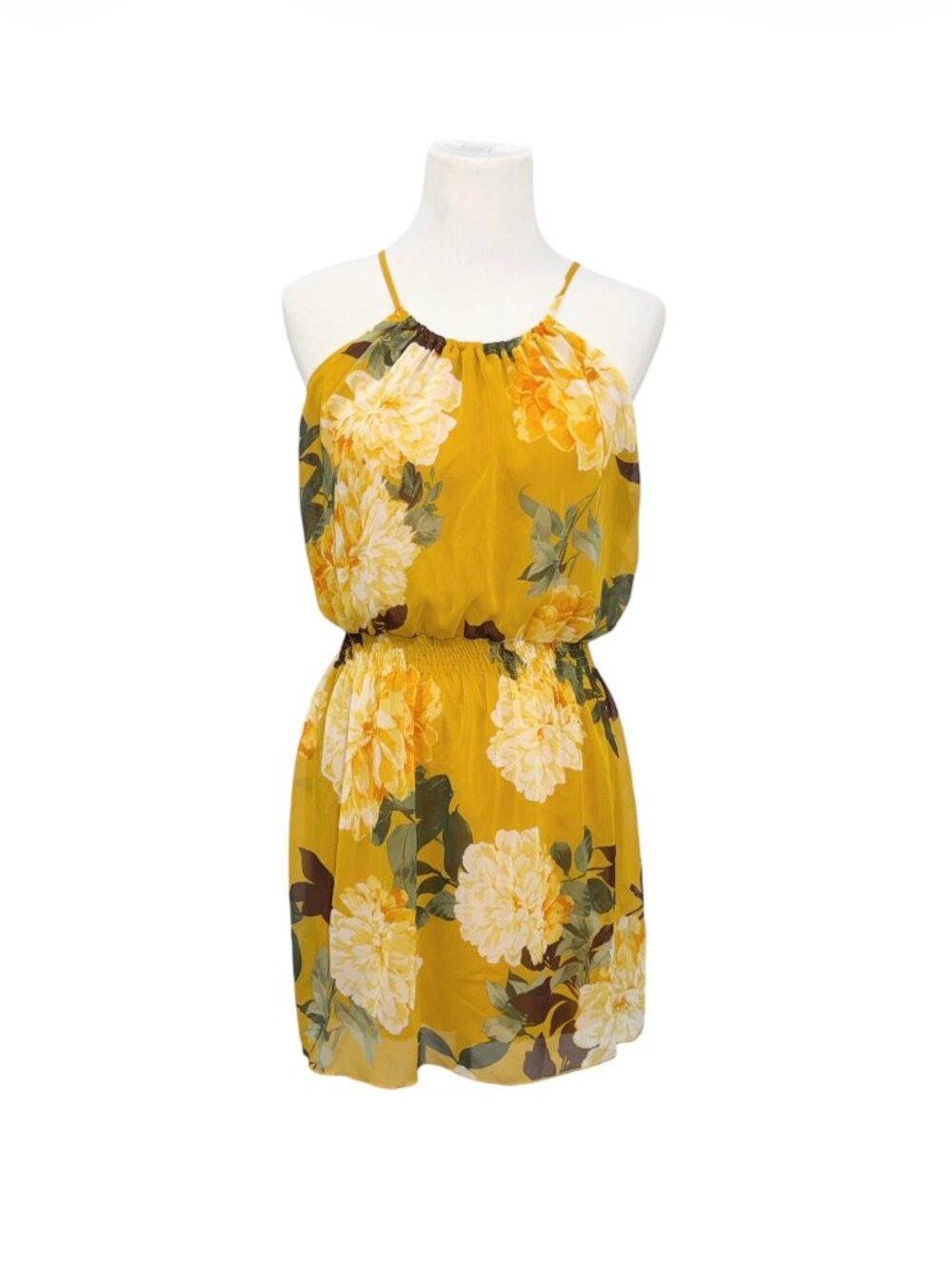 Yellow Floral Halter Elastic Waist Mini Dress Large Fall Fashion